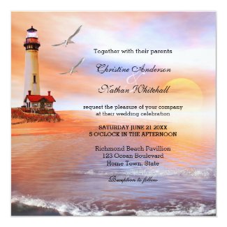 Beach Lighthouse Wedding Invitation 5.25" Square Invitation Card