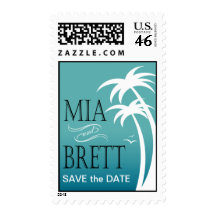Beach Palms Tropical Save the Date | teal Postage Stamps