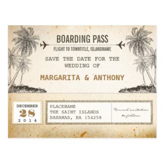beach palms vintage boarding pass save the date post cards