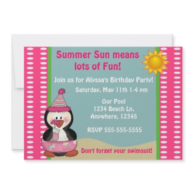 Beach Penguin Pink Girls Birthday Invitation by mybabytee