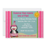 Beach Penguin Pink Girls Birthday Invitation