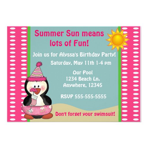 Beach Penguin Pink Girls Birthday Invitation