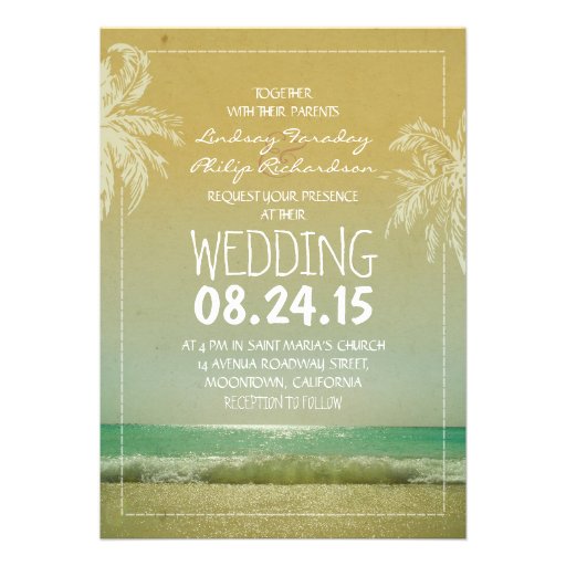 BEACH sand sea waves & palms wedding invitation (front side)