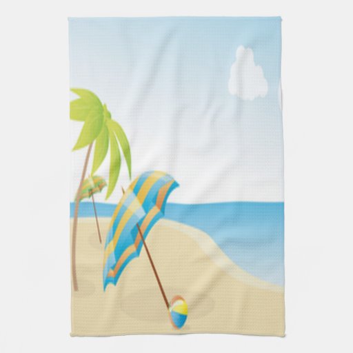 Beach Scene with Umbrella, Palm Trees & Beach Ball Hand Towels Zazzle