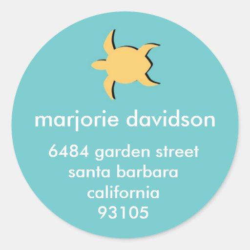 Beach sea turtle address labels yellow blue round sticker