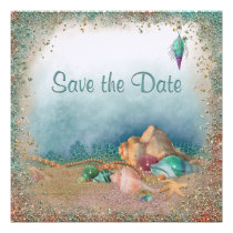 Beach Seashells and Glitter Save the Date Wedding Personalized Announcements