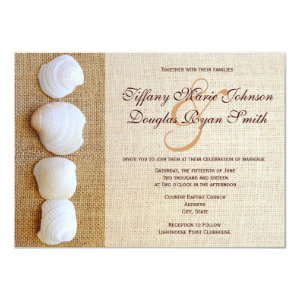 Beach Seashells Burlap Print Wedding Invitations 4.5