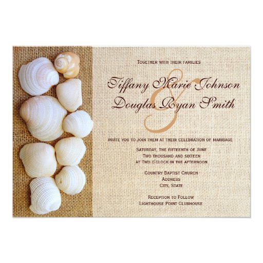 Beach Seashells Burlap Print Wedding Invitations