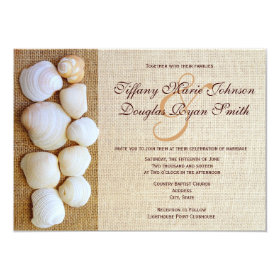 Beach Seashells Burlap Print Wedding Invitations 4.5