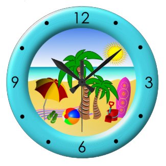 Beach Sun Sea and Surf Fun Large Blue Round Clocks Clock