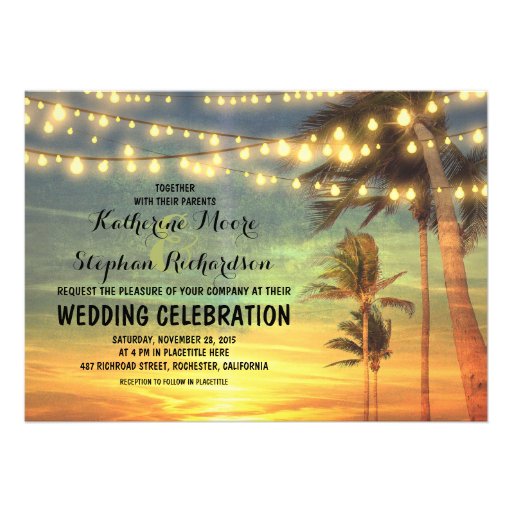 beach sunset and string lights wedding invitation (front side)