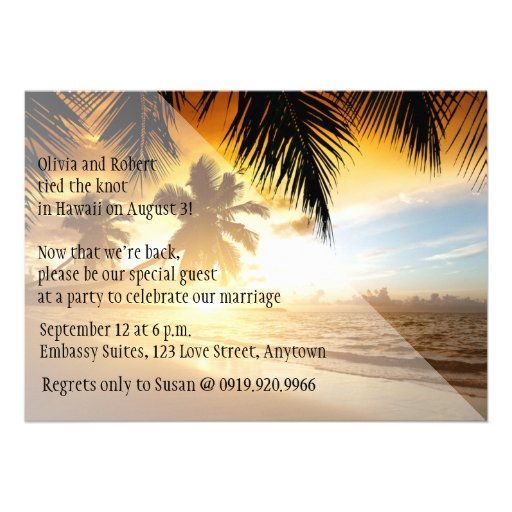 Beach Sunset Palm Trees Bird of Paradise Reception Custom Invitations