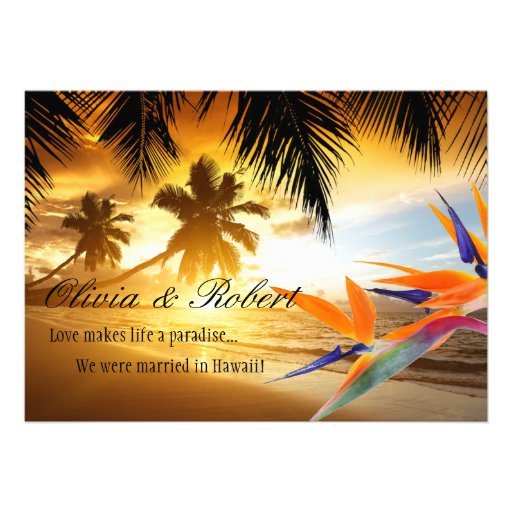 Beach Sunset Palm Trees Bird of Paradise Reception Custom Invitations