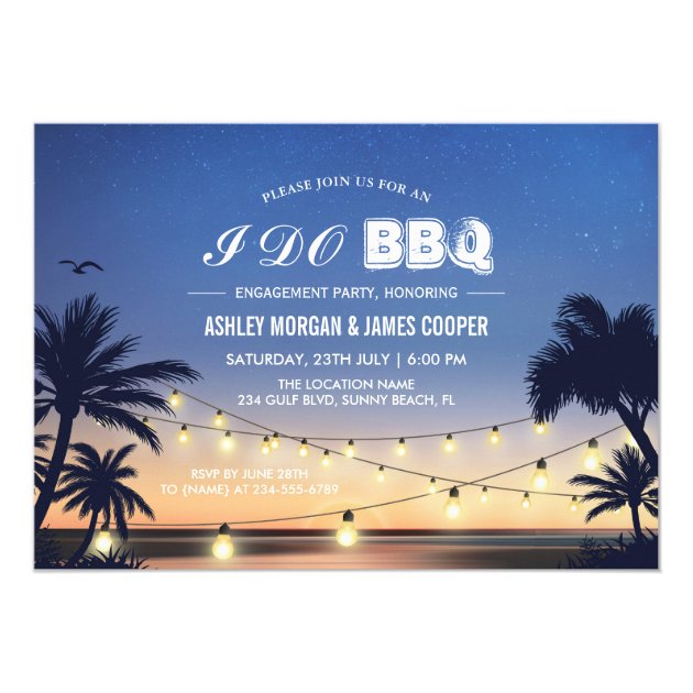 Beach Sunset String Lights I DO BBQ Engagement Card