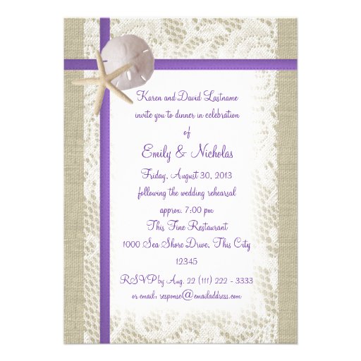 Beach Theme Rehearsal Dinner Purple Personalized Announcement (front side)