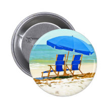 Beach, Umbrella and Chairs at the Shore Pinback Button
