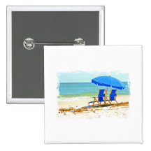 Beach, Umbrella and Chairs at the Shore Pinback Button