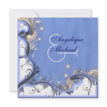 Beach wedding blue white silver personalized invitations