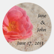 Beach Wedding Envelope Seals - Rose on Sand Round Sticker