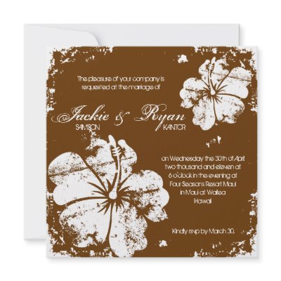 Beach Wedding Grunge Hibiscus Chocolate Brown Custom Invitations by WeddingShop88