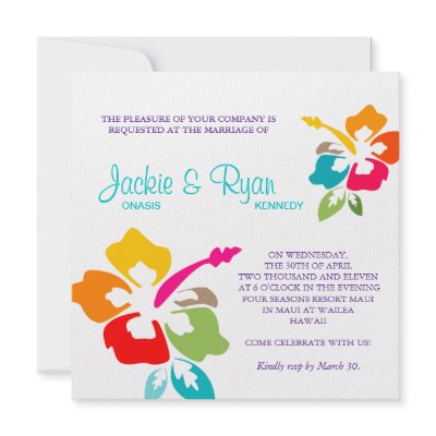 Beach Wedding Hibiscus Flower Colorful Personalized Announcements by WeddingShop88