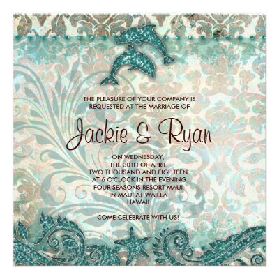 Beach Wedding Invitation Dolphins Vintage Teal