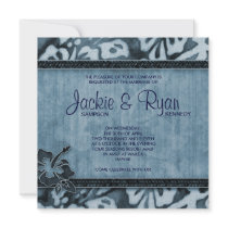 Beach Wedding Invitation Hibiscus Blue Denim
