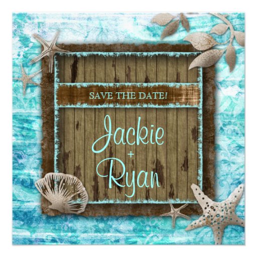 Beach Wedding Invitation Seashell Blue Wood