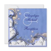 Beach wedding reception blue white silver custom announcement