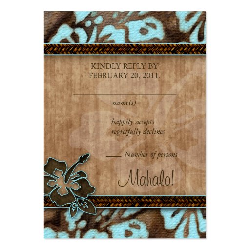 Beach Wedding Response Cards Hibiscus Blue Brown Business Card Template (front side)