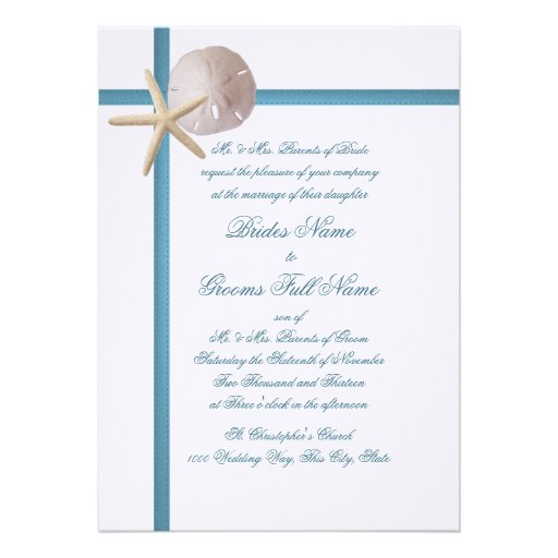 Beach Wedding Starfish and Sand Dollar Blue Custom Announcement
