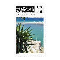 Beach With A Palm Tree In Albania In A Hot Summer Stamp