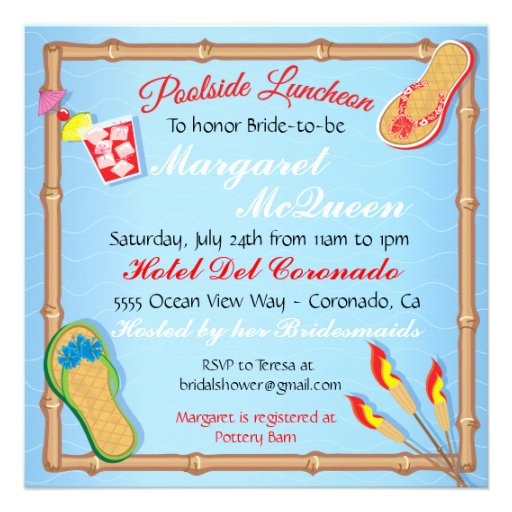 Beachy Poolside Bridal Shower Invitation (front side)