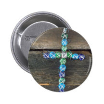 Beaded cross on wood pinback buttons