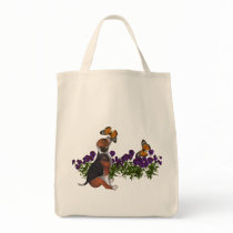 Beagle Butterflies Pansies Grocery Tote Bag
