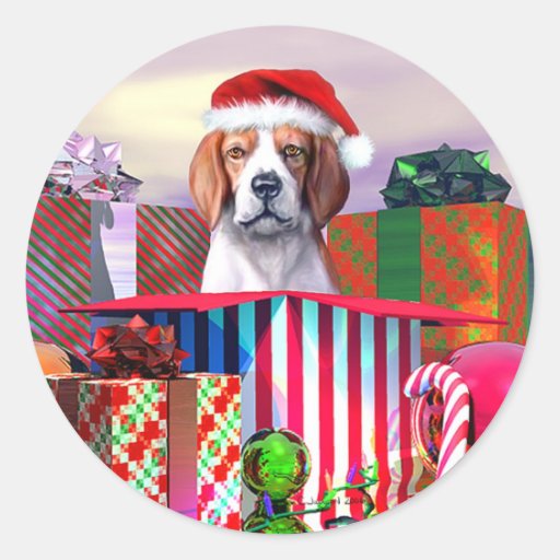 Beagle Christmas Surprise Round Sticker