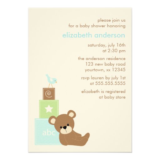 Bear and Alphabet Toy Blocks Baby Shower {blue} Personalized Invitation