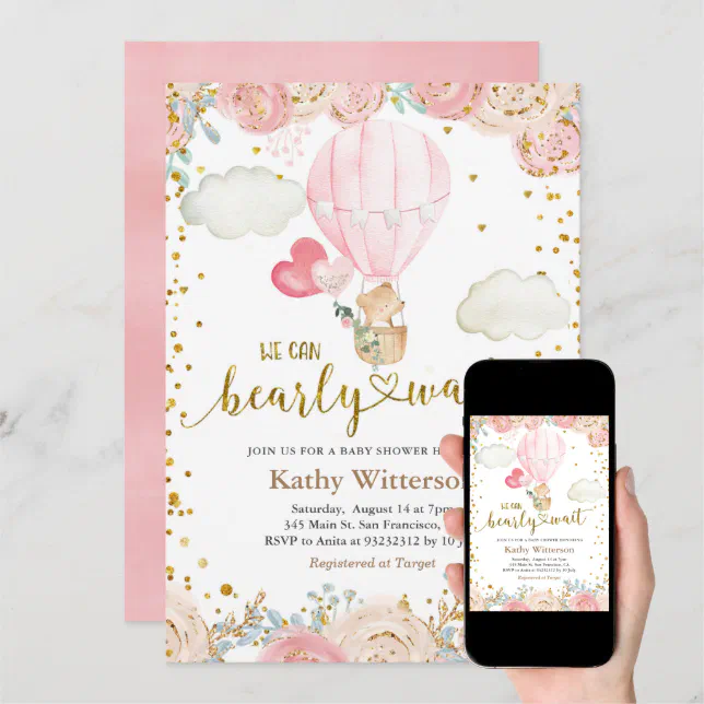 Bear And Pink Hot Air Balloon Baby Shower Invitation Zazzle
