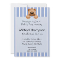 Bear Blue Stripe Birthday Invitations