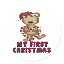 Bear & Candy Cane Baby's First Christmas Round Sticker