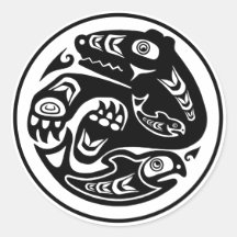 Bear & Fish Native American Design Round Sticker