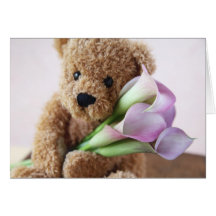 bear holding calla lilies card