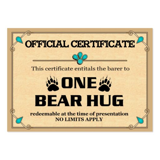 BEAR HUG Certificate Cards Business Cards (front side)