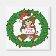 Bear in a wreath holding Happy Holidays sign Magnets