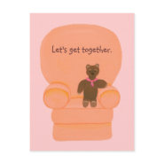 Bear in chair, Lets get together, invitations postcard