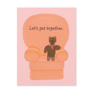 Bear in chair, Lets get together, invitations postcard