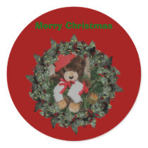 Bear On Wreath Christmas Holiday Sticker Label