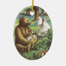 Bear Puts Hen's Eggs in Basket Vintage Easter Christmas Ornaments