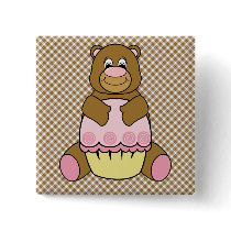 Bear With Pink Cupcake Brown Plaid Button buttons
