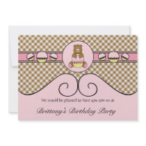 Bear With Pink Cupcake Brown Plaid Invitation invitations